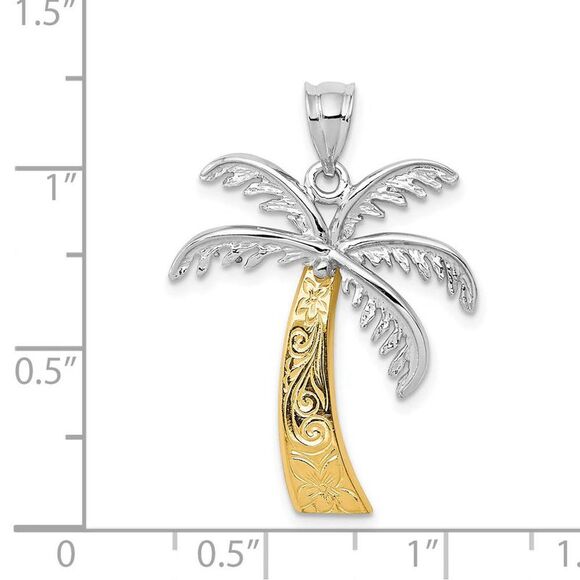 14k White and Yellow Gold, Two Tone Textured Palm Tree Pendant - Picture 3 of 4